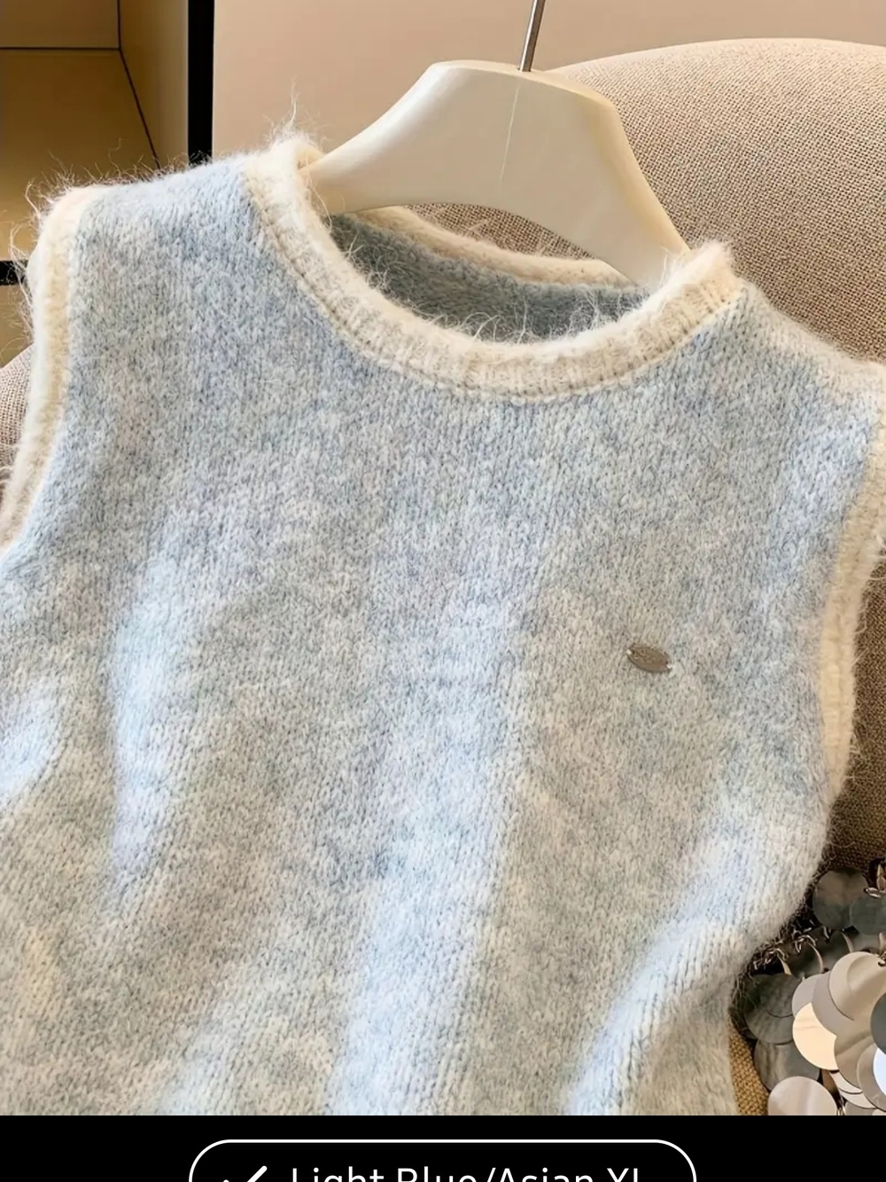 Light Blue Fuzzy Knit Sleeveless Sweater Vest